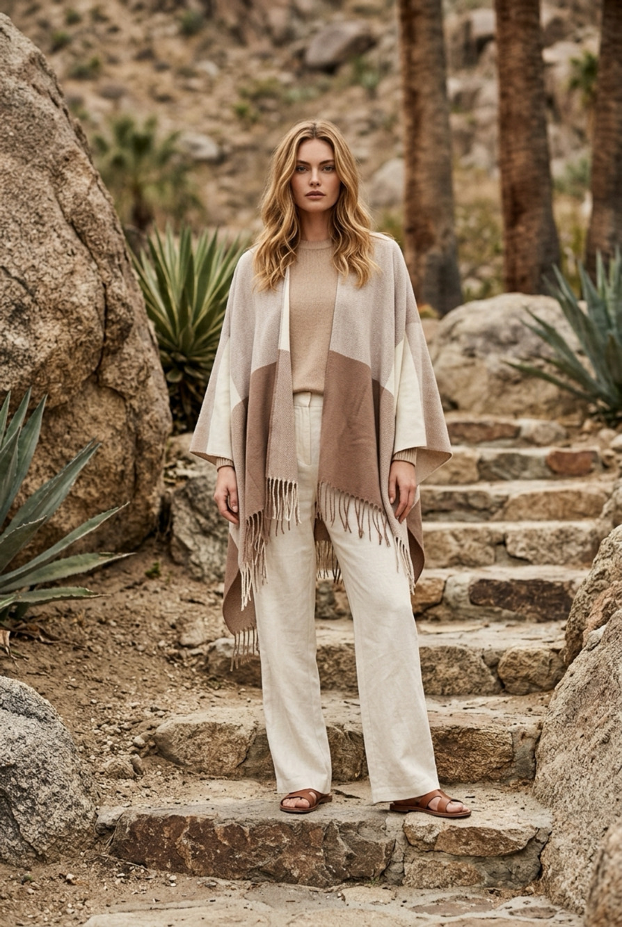 Cashmere - Firenze - Brown and Beige Colorblock Pattern Fringe Scarf